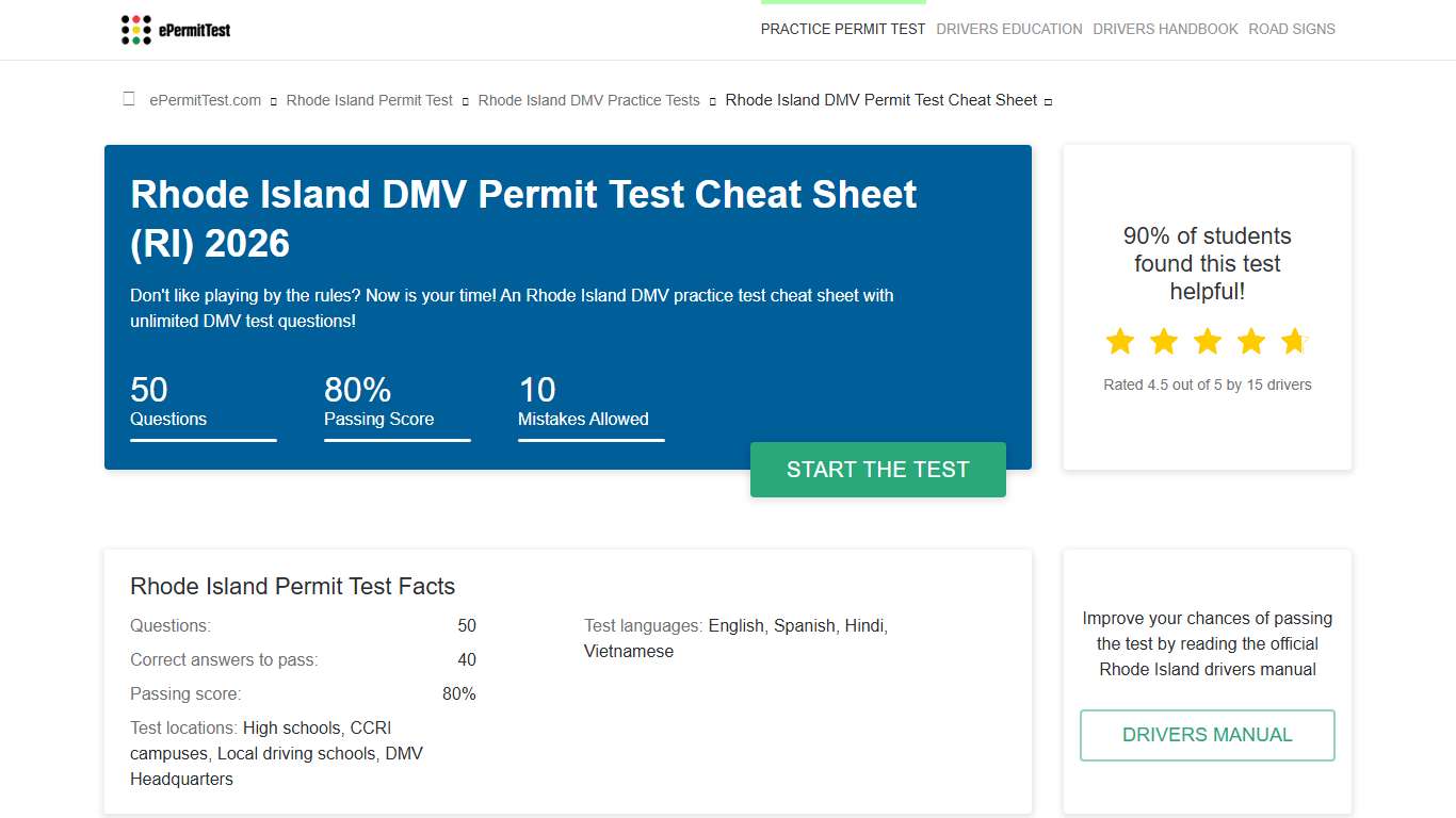 Rhode Island DMV Permit Test Cheat Sheet (RI) 2026 ANSWERS
